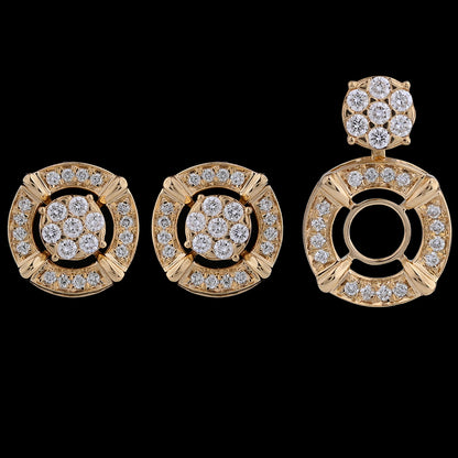 A pair of elegant gold-toned earrings featuring concentric circular designs encrusted with sparkling white stones, paired with a detachable top stud for versatile styling. These timeless yet contemporary earrings are a statement creation by jnjbymadhuri.
