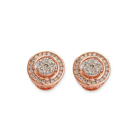 Timeless round stud earrings in rose gold, embellished with concentric circles of dazzling white stones for a radiant finish. Expertly crafted by jnjbymadhuri, these earrings exude understated luxury and charm.
