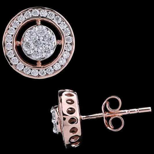 Elegant rose gold and diamond stud earrings featuring a dazzling circular design with intricate detailing. A timeless piece of fine jewelry by jnjbymadhuri, perfect for adding a touch of luxury to any look.
