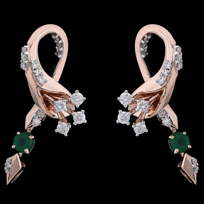 Elegant rose gold earrings with a looped design, sparkling diamonds, and dangling green gemstone accents, crafted exquisitely by jnjbymadhuri.
