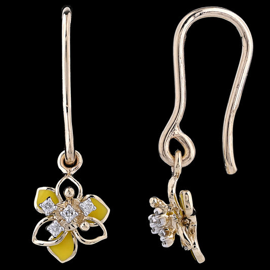 Charming floral drop earrings featuring yellow enamel petals and sparkling diamonds, perfect for a playful yet elegant look. Designed delicately by jnjbymadhuri.
