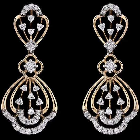 Elegant gold drop earrings featuring a cascading heart-shaped design with shimmering diamonds. A luxurious and timeless accessory by jnjbymadhuri.
