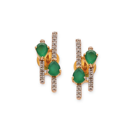 Contemporary green gemstone earrings by jnjbymadhuri, featuring pear-cut stones paired with vertical diamond-studded bars in a rich gold setting. These stylish jnjbymadhuri earrings add a bold yet elegant touch to any ensemble.
