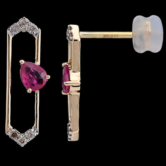 Elegant geometric gold studs featuring a pear-shaped ruby center and diamond-studded borders, offering a modern twist to timeless beauty by jnjbymadhuri.
