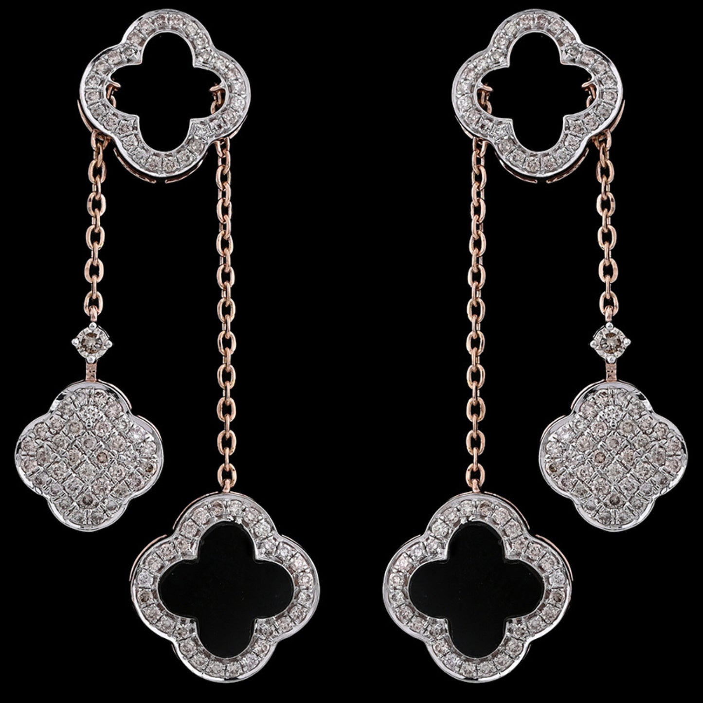 Elegant JNJ by Madhuri Clover Gold Danglers 35282E, luxury nature-inspired drop earrings with high-polish petals and brilliant-cut diamond centers.