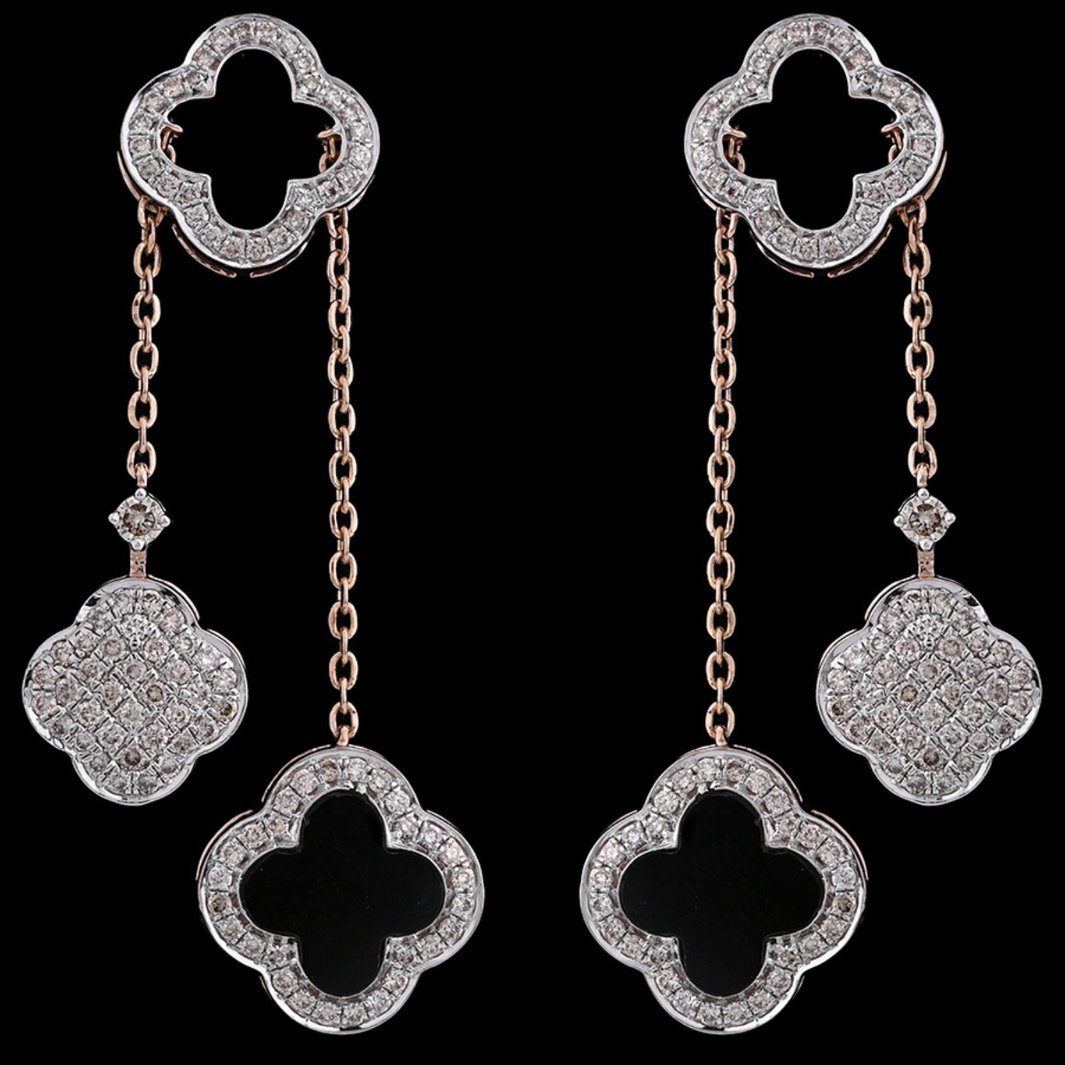 Elegant JNJ by Madhuri Clover Gold Danglers 35282E, luxury nature-inspired drop earrings with high-polish petals and brilliant-cut diamond centers.