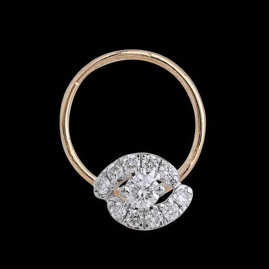Elegant gold diamond nose ring featuring a unique crescent motif encrusted with sparkling diamonds. A chic statement of timeless beauty by jnjbymadhuri.
