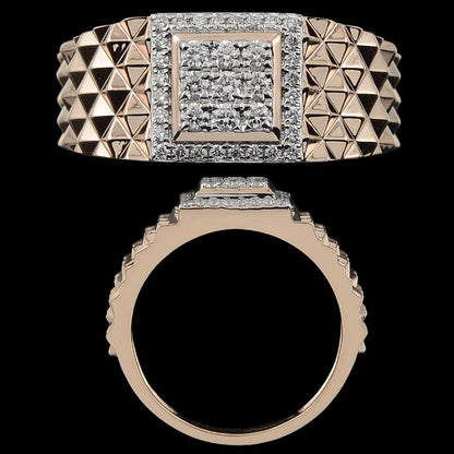 This rose gold ring features a bold pyramid-studded band and a central square diamond cluster framed in white stones. A luxurious and edgy design from jnjbymadhuri, perfect for modern statement wear.
