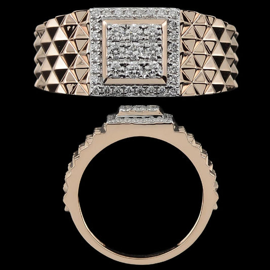 This rose gold ring features a bold pyramid-studded band and a central square diamond cluster framed in white stones. A luxurious and edgy design from jnjbymadhuri, perfect for modern statement wear.
