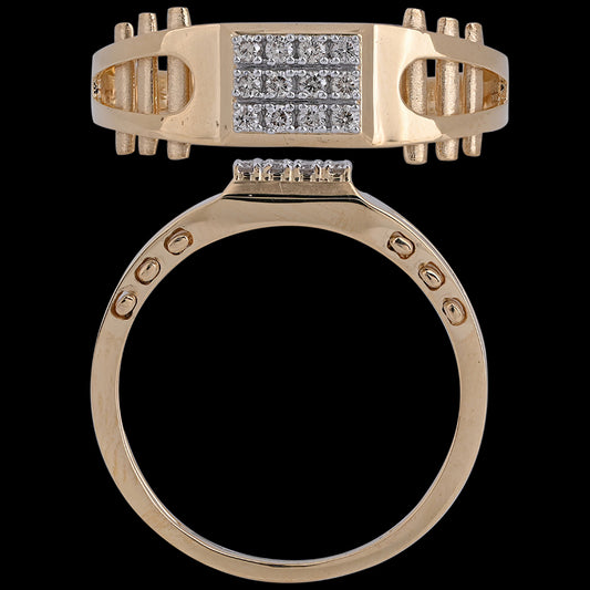 Striking men's gold ring featuring a grid of round-cut diamonds and bold detailing on the band. A commanding creation by jnjbymadhuri designed for timeless appeal.
