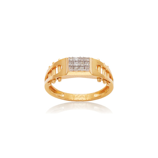 Bold gold ring with a rectangular setting of sparkling diamonds, combining strength and style. A signature piece from jnjbymadhuri crafted for a statement look.

