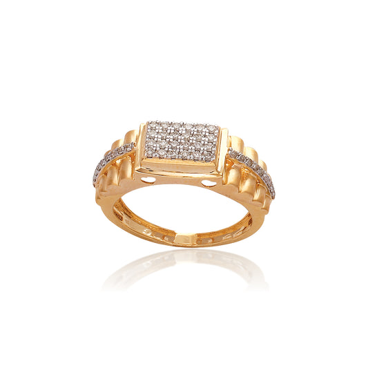 Bold and modern, this gold ring by jnjbymadhuri showcases a rectangular diamond cluster centerpiece flanked by sleek geometric detailing for a striking statement.
