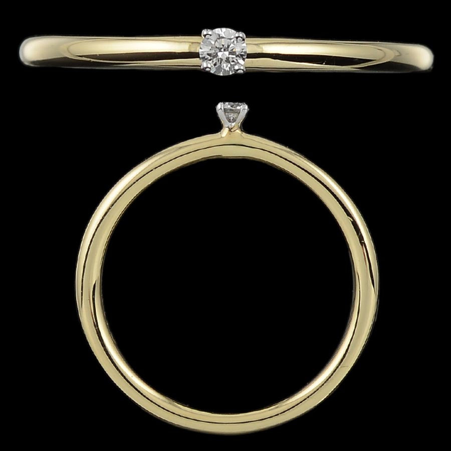 "Minimalist jnjbymadhuri gold ring with a single round diamond solitaire, displayed from top and side views against a black background."
