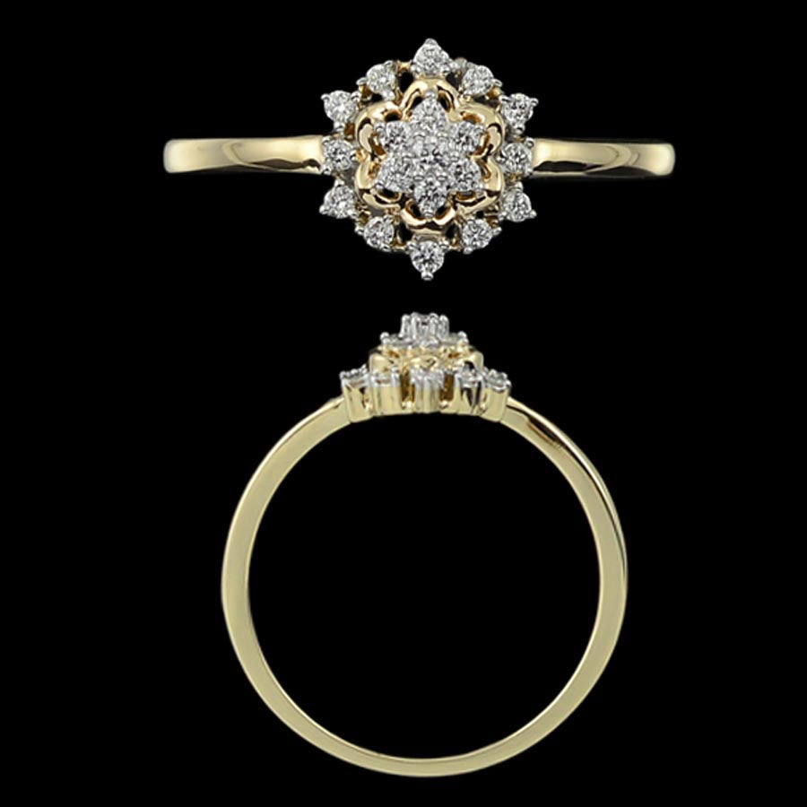Elegant gold ring by jnjbymadhuri featuring a round floral cluster of shimmering diamonds, viewed from both top and side angles on a black background to highlight its intricate design.
