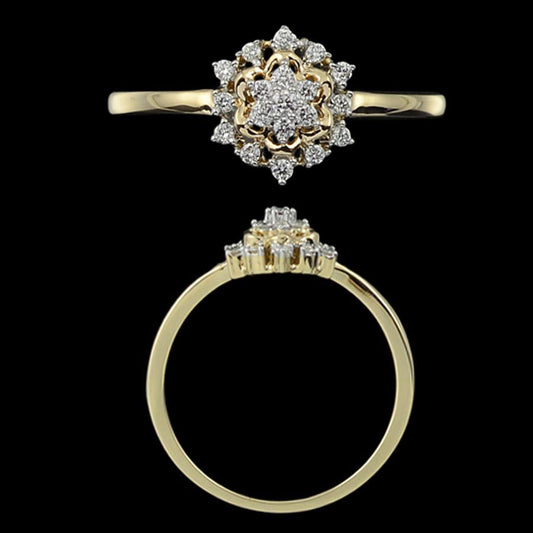 Elegant gold ring by jnjbymadhuri featuring a round floral cluster of shimmering diamonds, viewed from both top and side angles on a black background to highlight its intricate design.
