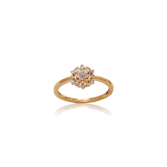 Delicate gold ring by jnjbymadhuri featuring a floral-inspired cluster of round-cut diamonds set in a symmetrical bloom pattern, showcased on a clean white background.
