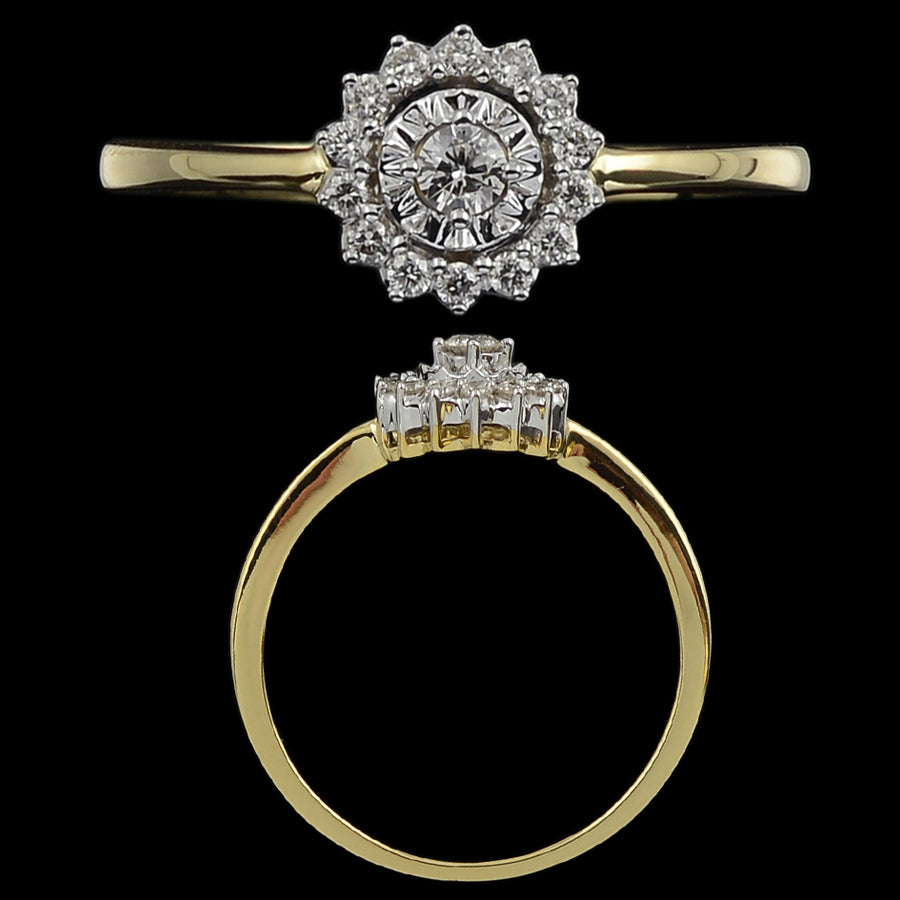 Gold ring with a floral cluster design featuring a central round diamond surrounded by multiple layers of smaller diamonds, shown from the top and side views against a black background.

