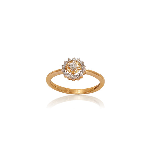 Gold ring with a floral design featuring a central round stone surrounded by smaller white stones, displayed against a white background with a subtle reflection.
