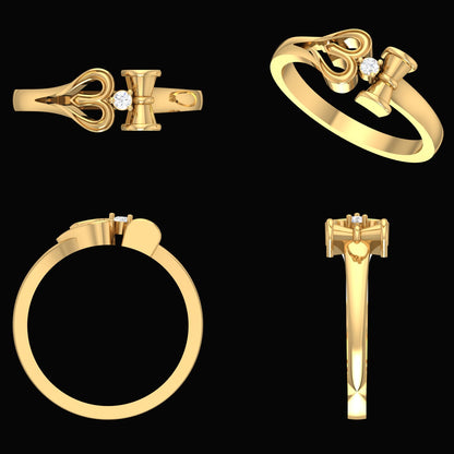 This gold ring design is both artistic and symbolic, featuring a heart-shaped motif paired with a vertical bar and a central diamond accent. Its unique construction and multiple-view presentation highlight the fine craftsmanship—another distinctive piece from jnjbymadhuri.
