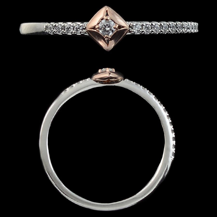 This elegant dual-tone ring by jnjbymadhuri features a sparkling central diamond in a rose gold square bezel, set on a slender silver band encrusted with tiny diamonds for extra brilliance.
