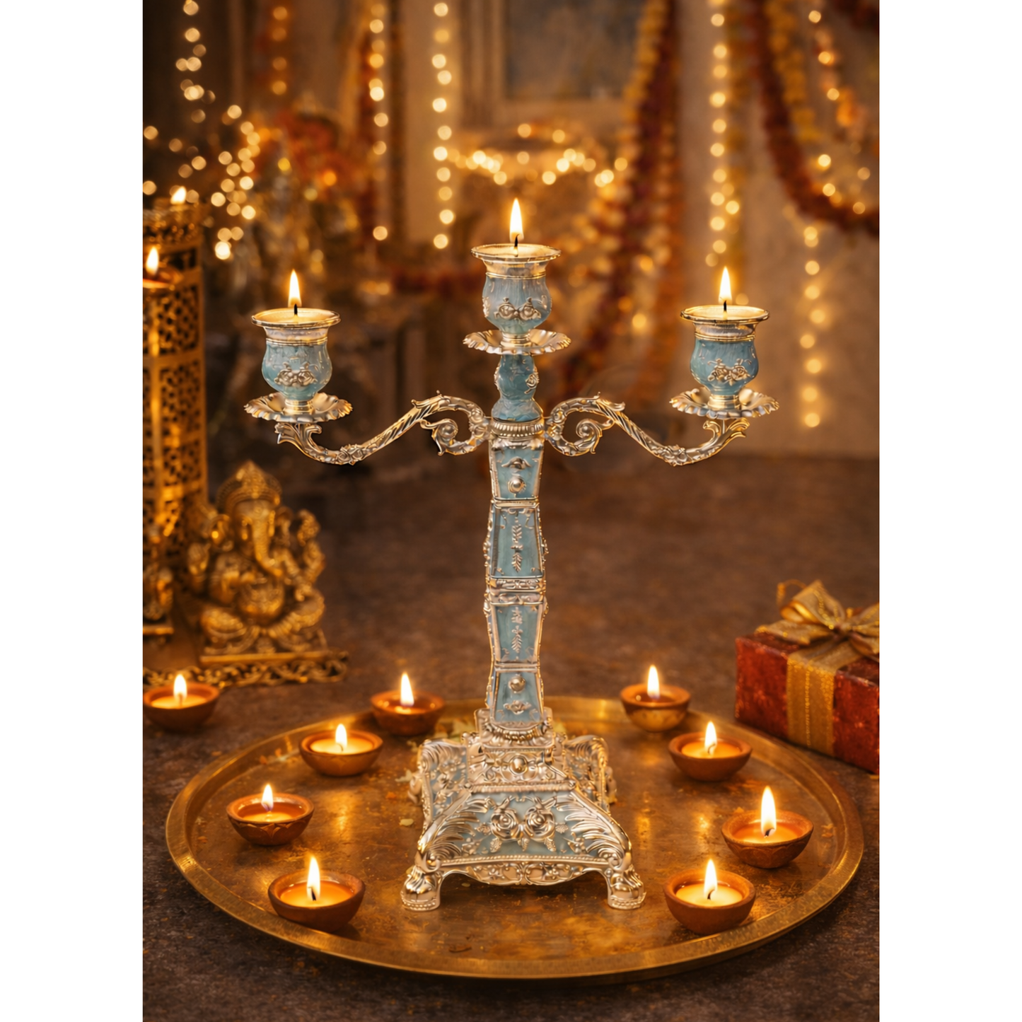 3 Diya Candle Stand by JNJ by Madhuri, featuring an elegant and premium design, perfect for festive décor, luxury home styling, and adding a touch of timeless charm to every space.