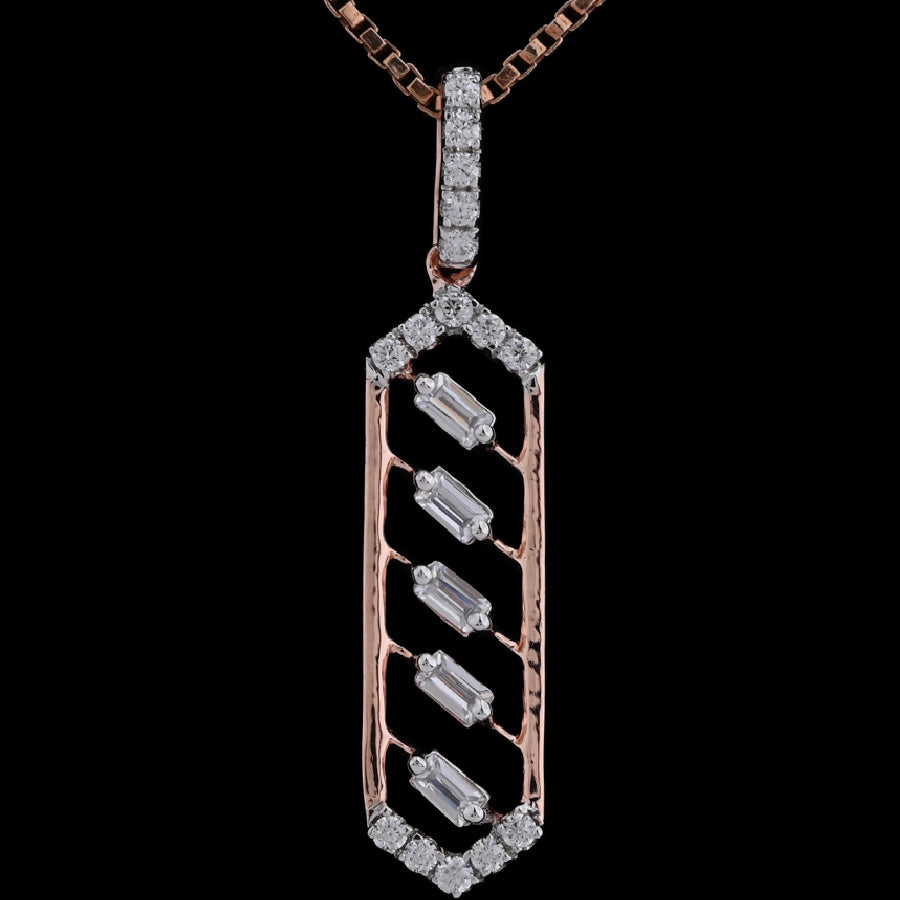 Close-up view of a gold pendant necklace with a hexagonal vertical frame featuring a chevron-like arrangement of baguette and round diamonds, suspended from a diamond-studded bail against a black background.
