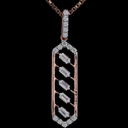 Close-up view of a gold pendant necklace with a hexagonal vertical frame featuring a chevron-like arrangement of baguette and round diamonds, suspended from a diamond-studded bail against a black background.
