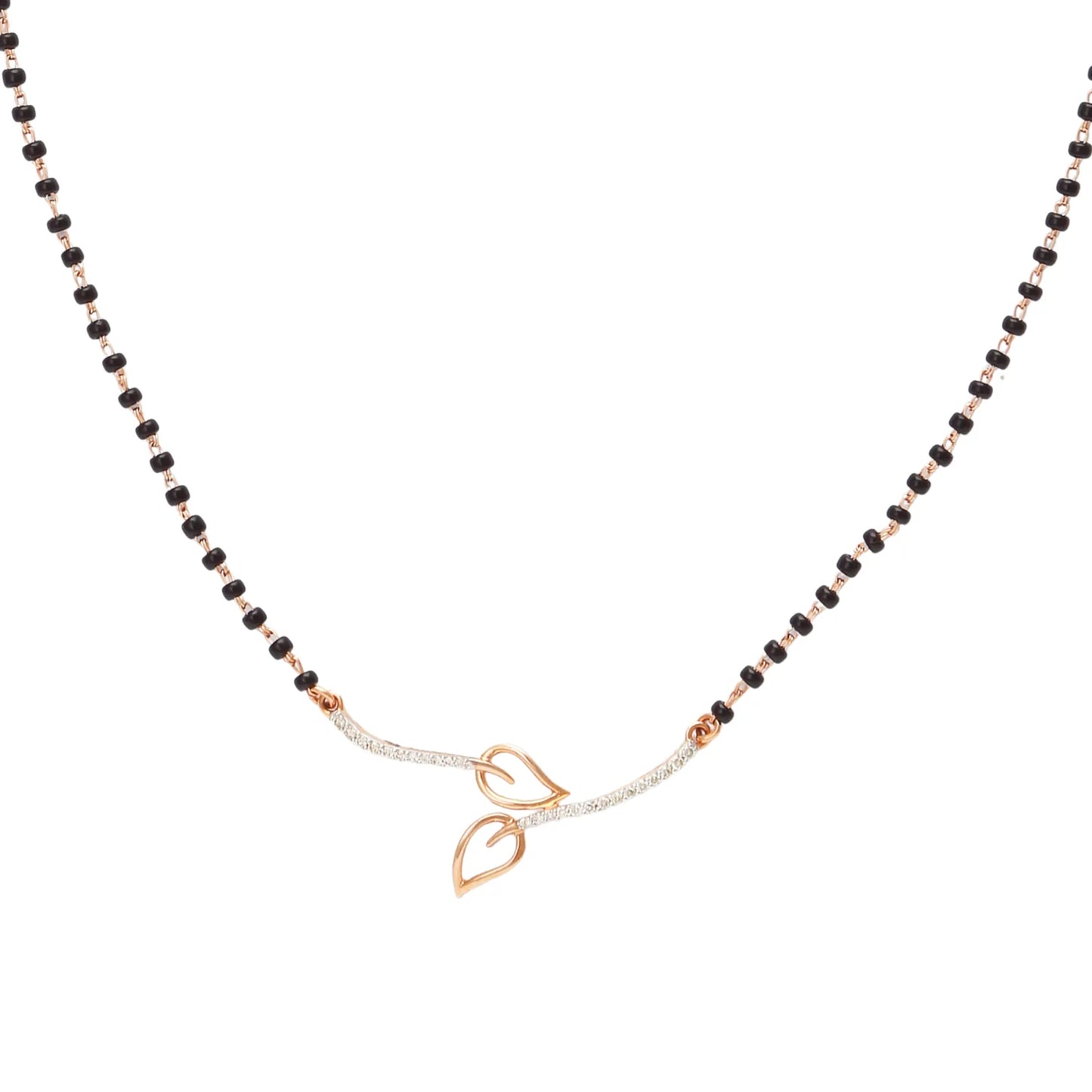 Minimalist mangalsutra by jnjbymadhuri featuring a sleek black beaded chain with a contemporary double-leaf motif in gold at the center, perfectly balancing tradition with modern elegance.
