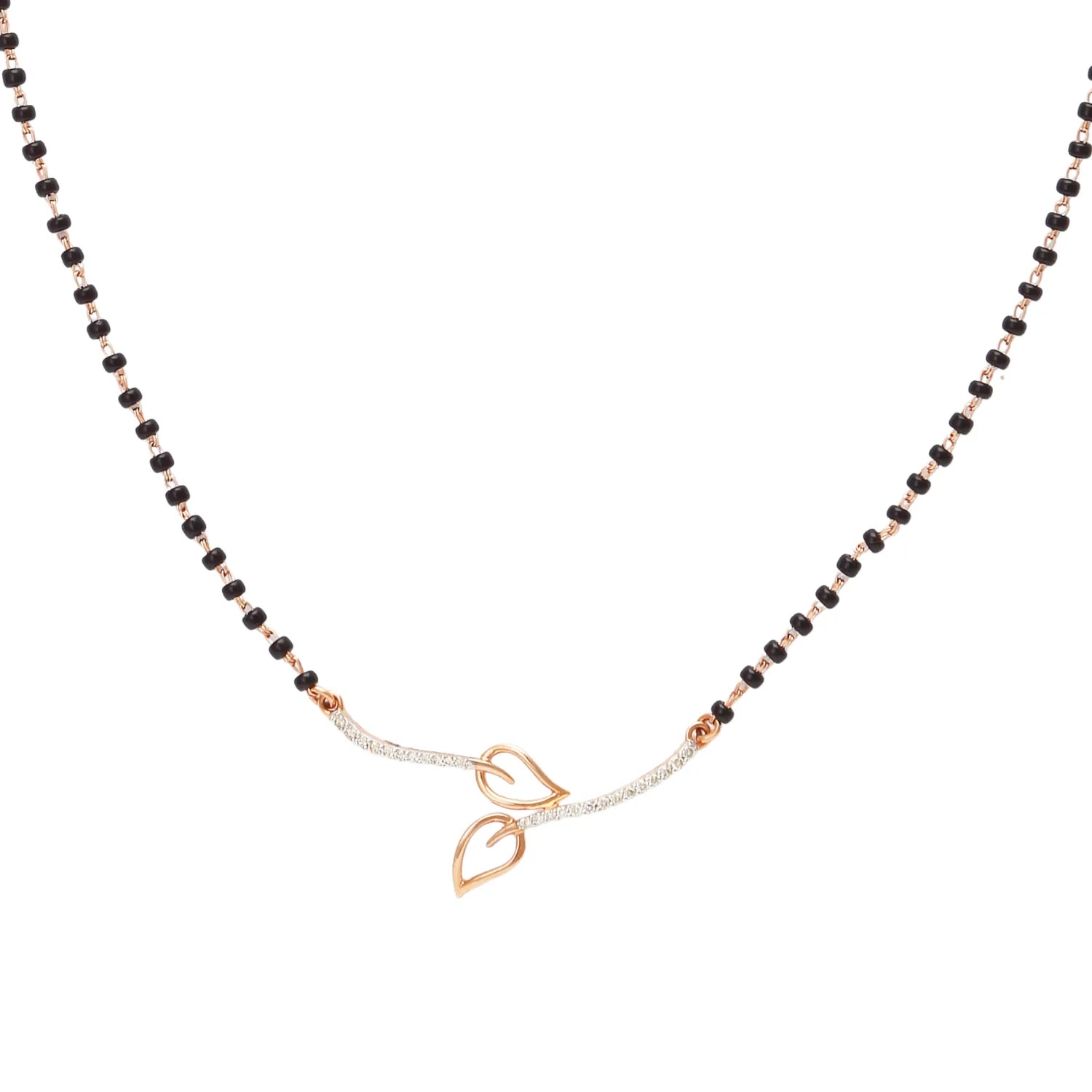 Minimalist mangalsutra by jnjbymadhuri featuring a sleek black beaded chain with a contemporary double-leaf motif in gold at the center, perfectly balancing tradition with modern elegance.
